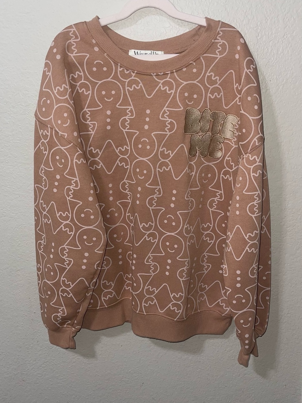 Gingerbread Print Sweater - 'Bite Me' Embroidered Detail